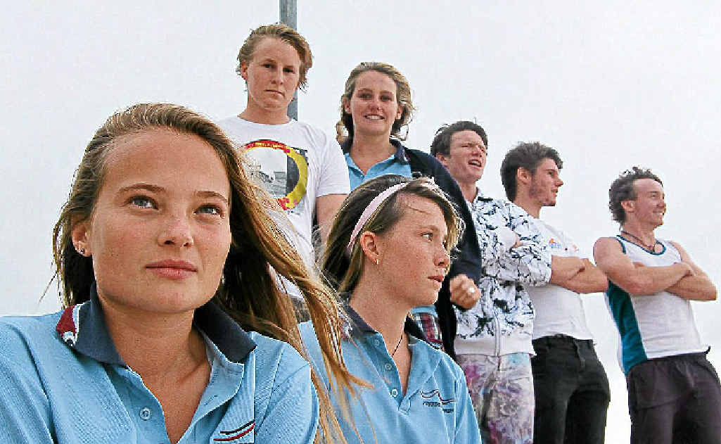 The brave young lifesavers who saved four young girls at Cabarita Beach are front: Bethany Whiting and Jordan Stables. Back, L to R: Fletcher Budd, Jaime Sommerville, Troy Draman, Kyle Beattie and Hayden Draman.
